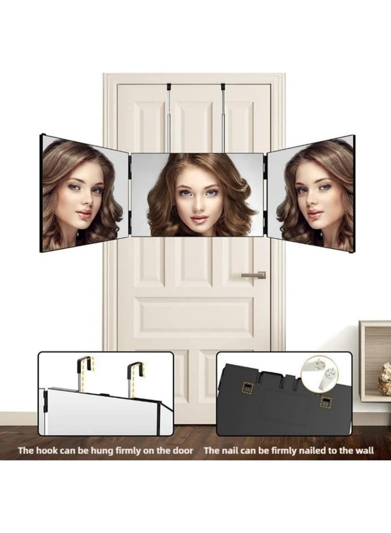 3 Way LED Vanity Mirror 360 Degree Rotation with Telescoping Hook for Hair Cutting Portable Trifold Makeup Travel Mirror Height Adjustable - Image 2